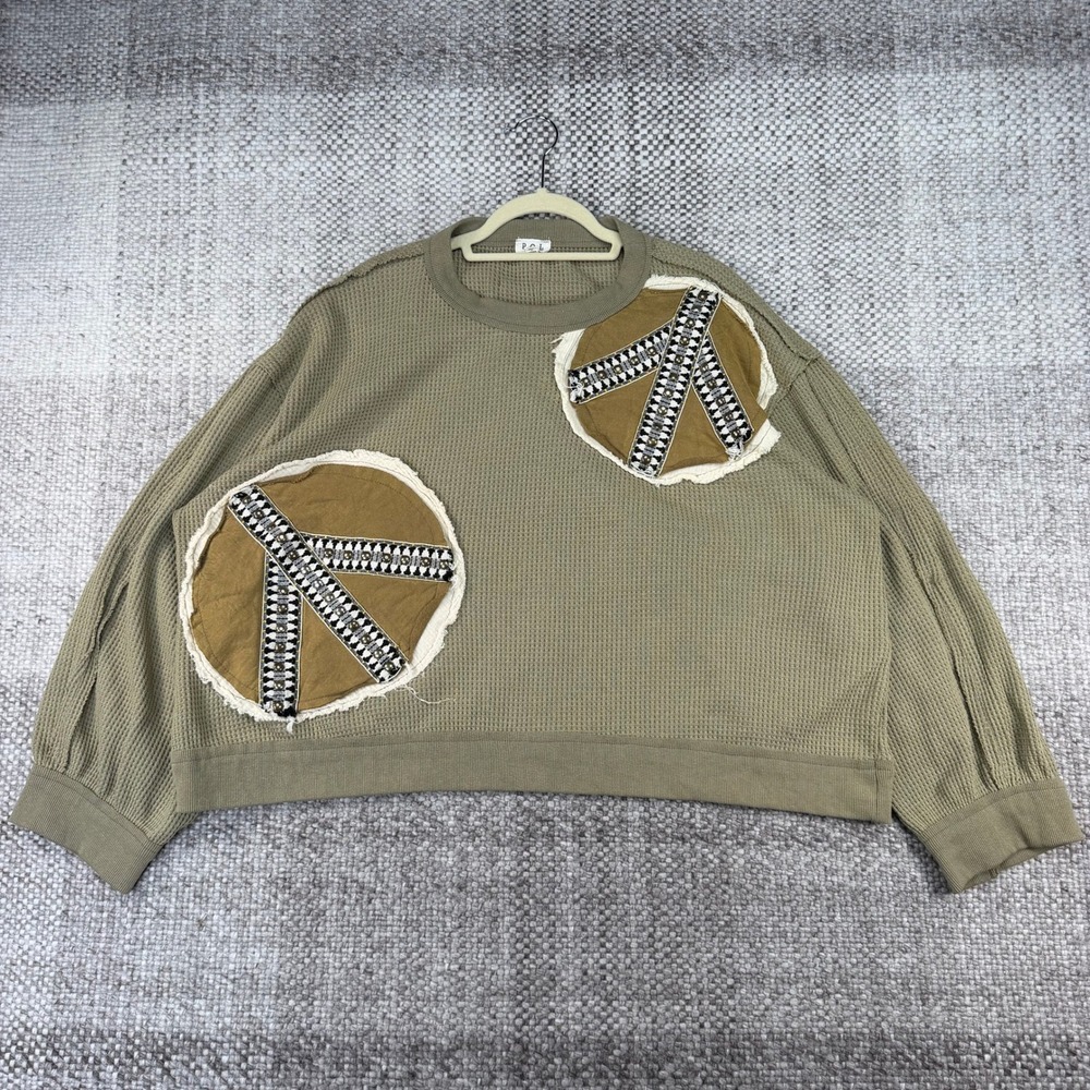 POL Clothing Olive Green Waffle Knit Peace Sign Studded Thermal Top UKT403 L